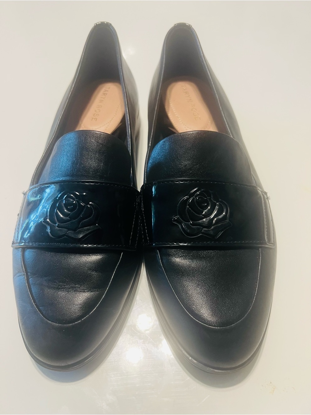 Taryn Rose Black Leather Rose-Embellished Women's Loafers